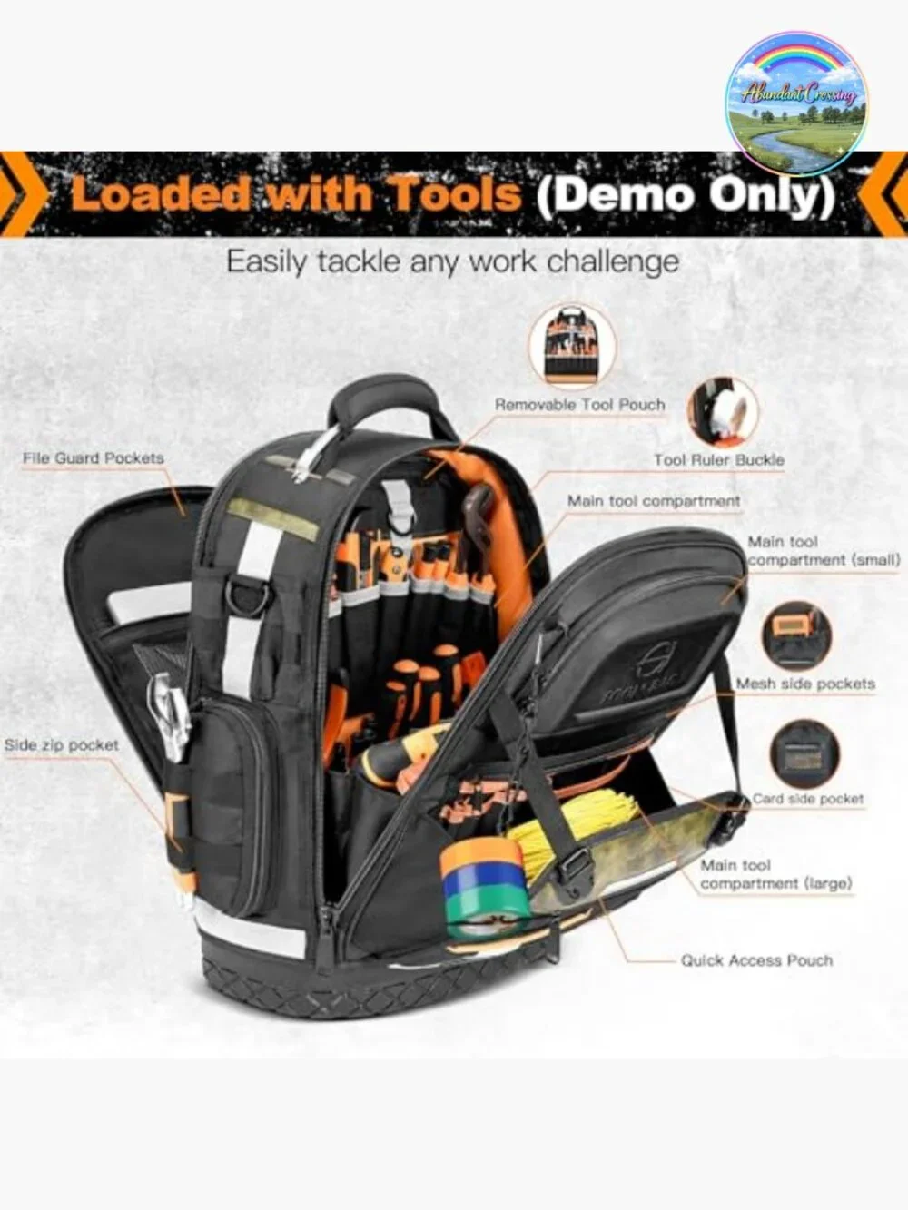 Heavy Duty Tool Backpack, 1680D Ballistic Polyester, HVAC Technician Organizer